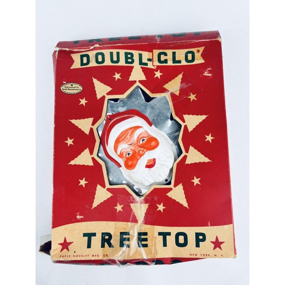 Vintage Doubl Glo Celluloid Santa Face Foil Reflector Tree Topper Star Christmas